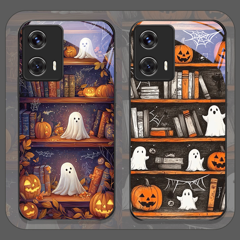 Phone Cases For Motorola - ハロウィン パンプキン ゴースト 本棚 強化ガラス製 スマホケース