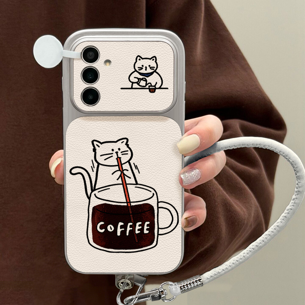 Phone Cases Leather - コーヒーと可愛い猫柄のスマホケース Samsung S26 S25 S24 S23