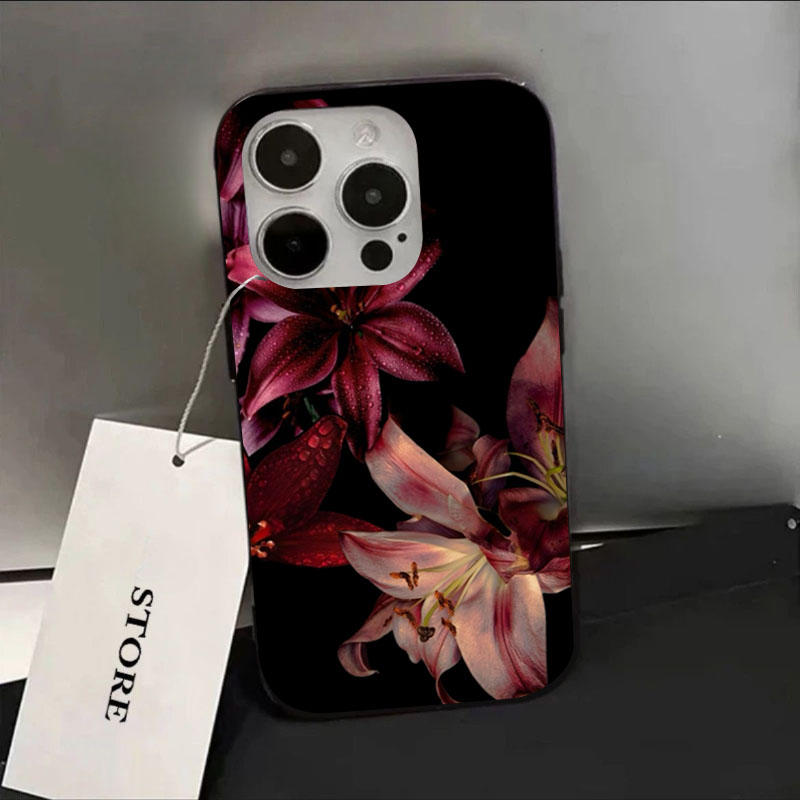 Phone Cases Red - エレガントな赤いユリの花柄 iPhoneケース iPhone 16E 16 15