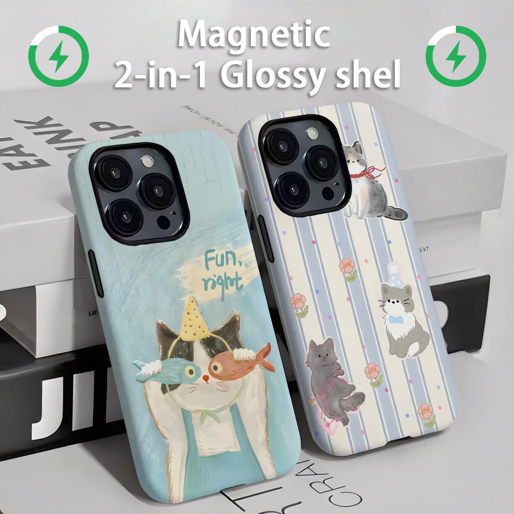 Phone Cases For Iphone 16 - かわいい猫と犬のスマホケース マグネット式 2-in-1 光沢シェル iPhone 16e