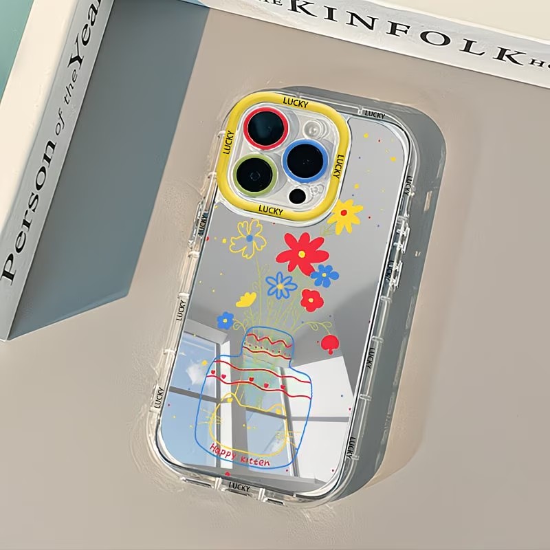 Phone Cases Iphone 17 Pro - 夏のデイジー柄猫花瓶デザインミラー付きスマホケース iPhone 17 13 11 12