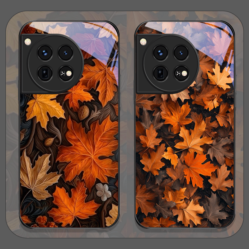 Phone Cases Oneplus - 手描きの秋の紅葉模様の強化ガラス製スマホケース OnePlus 13 R 12 11