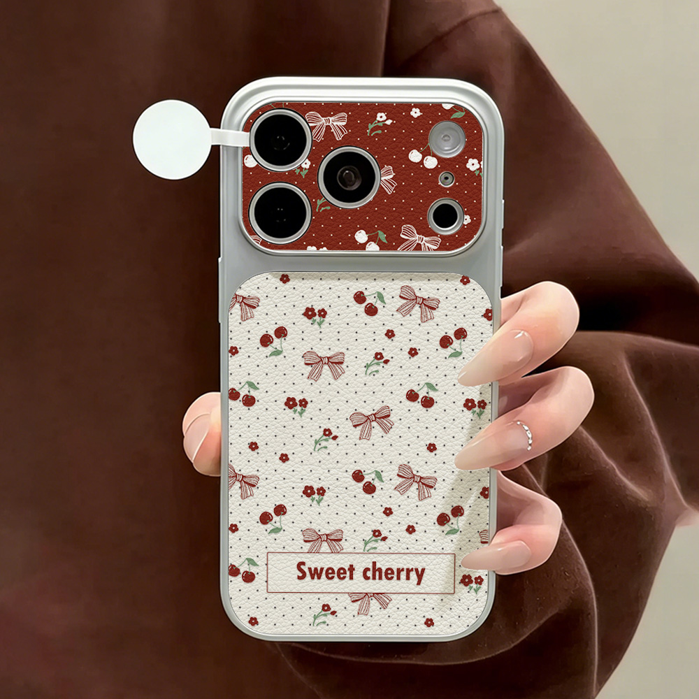 Phone Cases Leather - スイートチェリーボウレザーフォンケース iPhone 12 14 17 Pro