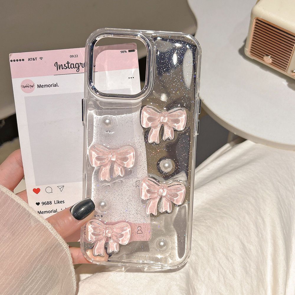 Phone Cases Pinterest - 韓国風可愛い3Dピンク蝶結びパールクリアスマホケース iPhone 16 15 14 13