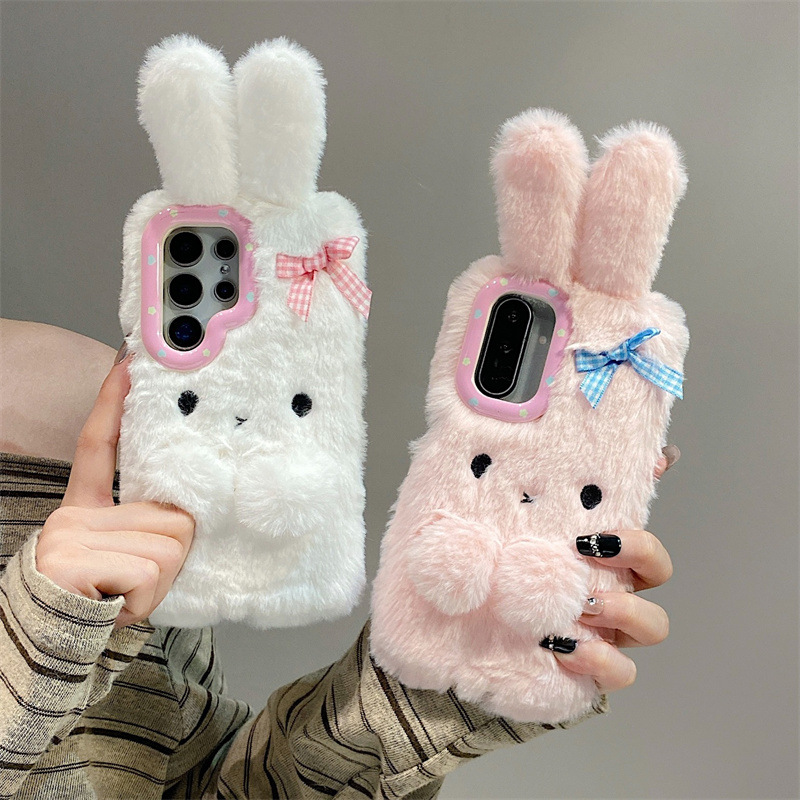 Phone Cases Samsung - コレン 3D カートゥーン リボン付きうさぎ耳 暖かい毛皮のぬいぐるみ風スマホケース サムスン