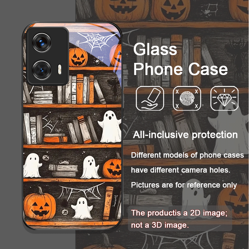 ハロウィン パンプキン ゴースト 本棚 強化ガラス製 スマホ - Phone Cases For Motorola のレビューと価格